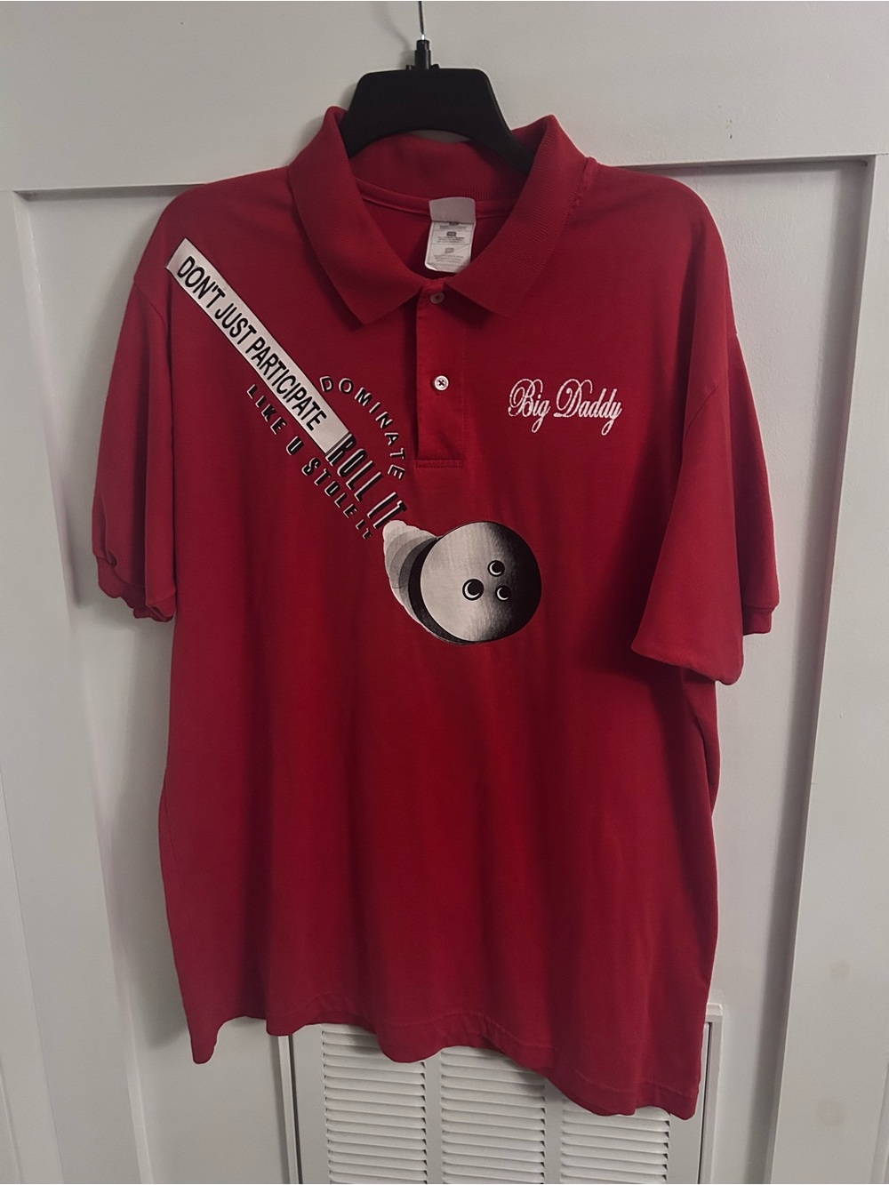 Vintage Big Daddy Bowling Polo Shirt Red Graphic “Grip It and Rip It” Men’s xl